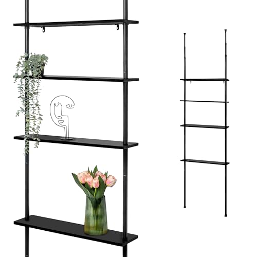 bremermann Estantería telescópica de pared con 4 estantes de bambú, versátil en salón, pasillo, baño, oficina o cocina, altura de montaje variable de 140 a 290 cm (negro completo)
