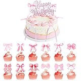 Pink Bowknot Cake Toppers and Picks, 19 PCS Bow Cupcake Toppers Pink Bow Birthday Decorations, Bows Decorations for Baby Shower Birthday Wedding Bachelorette Party Supplies