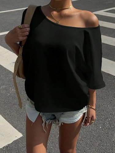 Image of SXV STYLE Women's Off-Shoulder T-Shirt, Short Sleeve, Casual Loose Fit, Black