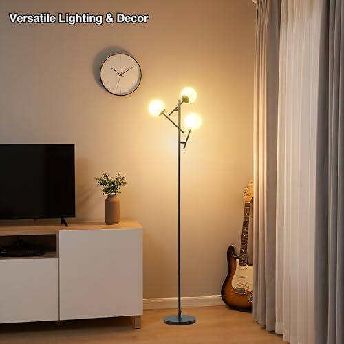 Image of Fiqevs 3 Globe Floor Lamp for Living Room, Swing Arms Standing Tree Lamp | 3000K Warm White Light, 3 LED Bulbs Included, Adjustable Orb Glass Shade Mid Modern Lamp for Bedroom /Office, Matt Black