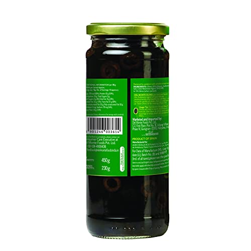 Image of Del Monte Black Sliced Olives 450g l Imported from Spain | 100% Natural & Evenly Cut | Suitable for Pizza, Pasta Topping, Garnishing Salad, Wraps | Source of Fibre, Gluten Free, No Added Preservatives