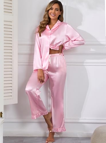 Image of Veseacky Women Satin Pajamas Set 2 Piece Button Down Short Sleeve Soft Sleepwear with Pockets