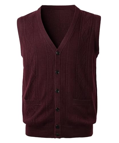 Harbrosrce Homme Gilet en Pull Col en V en Laine sans Manches Cardigans Maille Torsadée Tricoté Gilet Décontracté avec Boutons