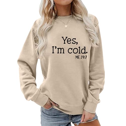 BLACKMYTH Women Graphic Cute Im Cold Sweaters Drop Shloulder Sweatshirts Apricot Large