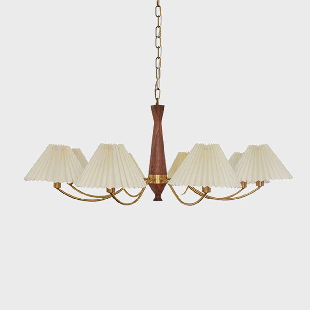 Żyrandol w stylu retro o pełnym spektrum, rustykalna lampa wisząca z drewna orzechowego i miedzi, oświetlenie z plisowanym kloszem, styl wiejski do salonu, gabinetu i jadalni, 6 głowic