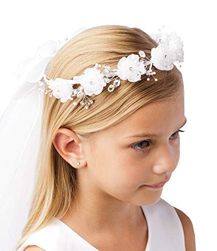 Girls' White Pearl Rhinestone Center Floral Crown First Communion Flower Girl Head Wreath with Veil2