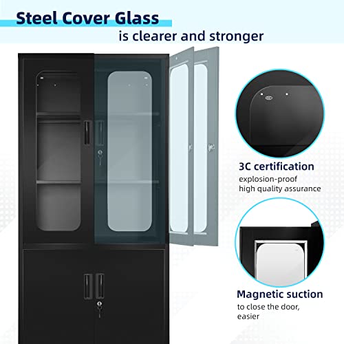 Greenvelly Locking Metal Cabinet With Lock, Tall Steel Office Cabinet With Tempered Glass Door, Black Lockable Storage Cabinet With Door And 3 Shelves, Utility Locker For Office, Home, Pantry, Kitchen #TOP3