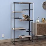 THE REFINED FELINE 62 Inch Tall Metropolitan Cat Condo, Black Metal Frame Cat Tower, Multi-Level Modern Cat Tree for Indoor Cats, Brown Platforms with Gray Replaceable Cushions & Scratching Post