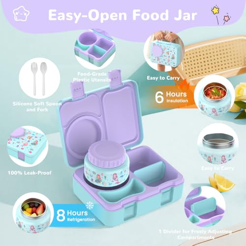 Image of Bento Box for Kids, Leakproof Kids Lunch Box with 8.5OZ Thermo Food Jar & Lunch Bag, 3-4 Compartments Toddler Insulated Lunch Box for Girls, BPA Free Lunch Containers for School Daycare