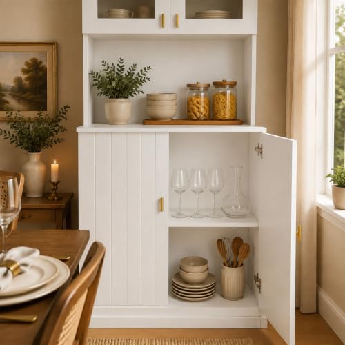Image of ivaniti 71 inch Arched Kitchen Pantry Cabinet Set of 4, White Freestanding Storage Hutch Combination with 2 Glass-Door Coffee Bar Cabinets and 2 Three-Drawer Open Shelf Cabinets for Kitchen