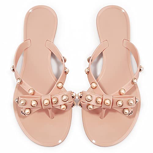 Image of TYFLOVE Women Rivet Flip Flops Studded Jelly Thong Sandals with Bow Summer Bowtie Flat Beach Rain Shoes