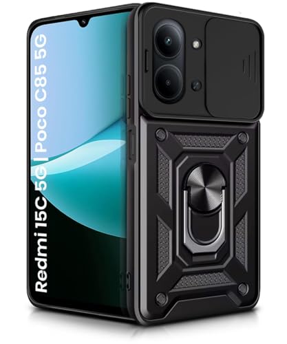 Image of WOW IMAGINE Tough Armor Bumper Mobile Back Case for Mi Redmi 15C 5G | Poco C85 5G | Sliding Camera Cover | Shock Proof 360 Protection | Hybrid PC + TPU | Ring Holder with Kickstand - Black
