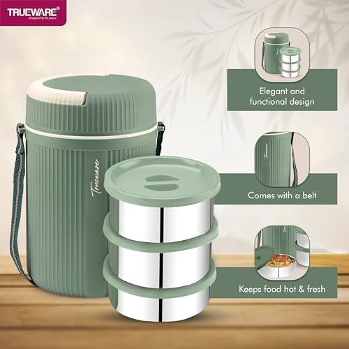 Image of Trueware Plastic Grub 2 Double Wall Insulated Hot Lunch Box with 2 Ss Container 300 Ml Each & 1 Ss Container 200Ml | Bpa Free | Food Grade | Hot and (LBI-GRB-002-Green BAZ)