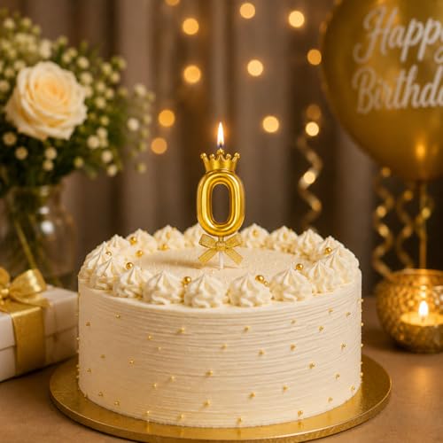 Image of Number 0 Birthday Candle with Crown | Metallic Cake Topper Candle for Birthday, Anniversary, Golden Jubilee & Celebration Cakes | Party Decoration Candles, Gold,1 pc