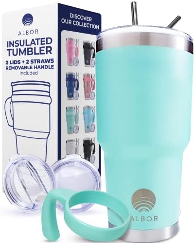 ALBOR Insulated Tumbler with Lid and Straw - 30 oz Insulated Coffee Mug with Handle, Travel Coffee Mug, Triple Insulated Technology with 2 Lids, 2 Metal Straw, Brush and Storage Bag by Albor, Seafoam