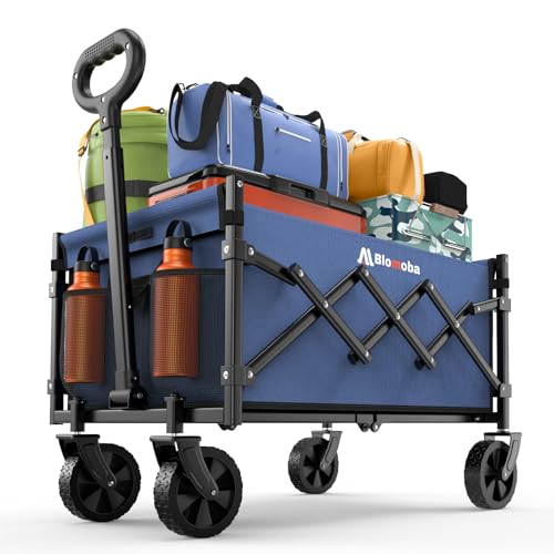 Collapsible Wagon with Wheels, 220 lbs Wagons Carts Foldable Wagon Cart with Flexible Handle, Lightweight Portable Folding Utility Grocery Shopping Cart for Grocery Sports Garden Camping, Blue