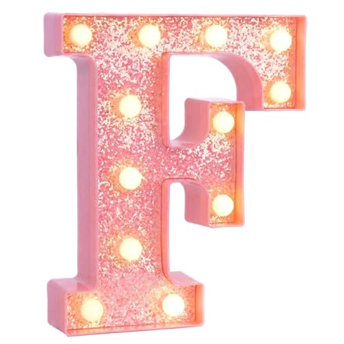 Image of Pink Marquee Light Up Letters, Glitter Alphabet LED Letter Lights for Pink Birthday Party Decorations, Battery Operated Letter Sign for Girls Room Vanity Table Decor, Warm White Lights Letter F