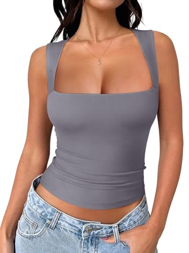REORIA Womens Square Neck Double Lined Crop Tank Top for Going Out Grey XS