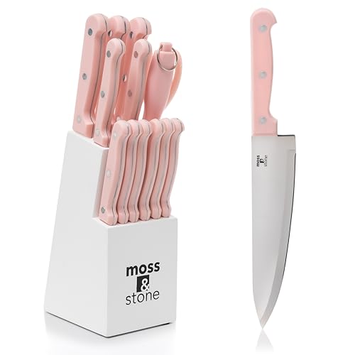 Image of Moss & Stone Pink 14 Pcs Kitchen Knife Set with Block, Stainless Steel