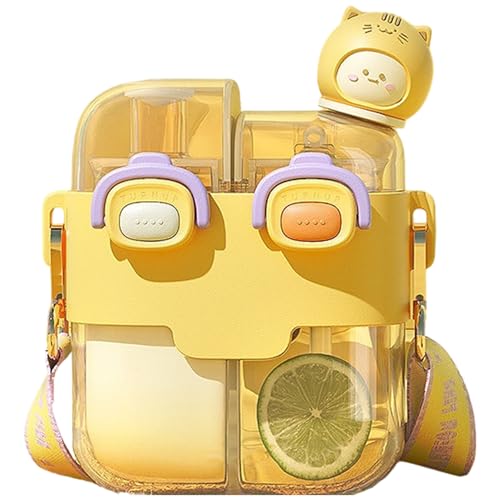 Bouteille d'eau double chambre 530ml jaune avec paille et sangle portable - 2