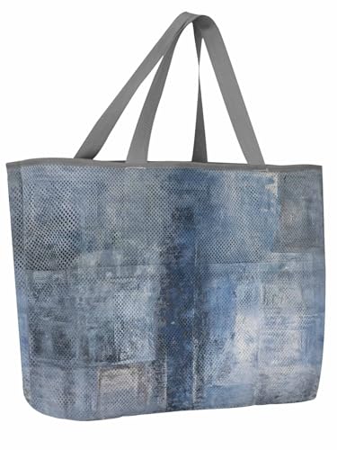 Mesh Beach Bag Oversized Tote Bags for Women Blue Gradient Oil Painting Art Large Travel Pool Bags with 8 Pockets