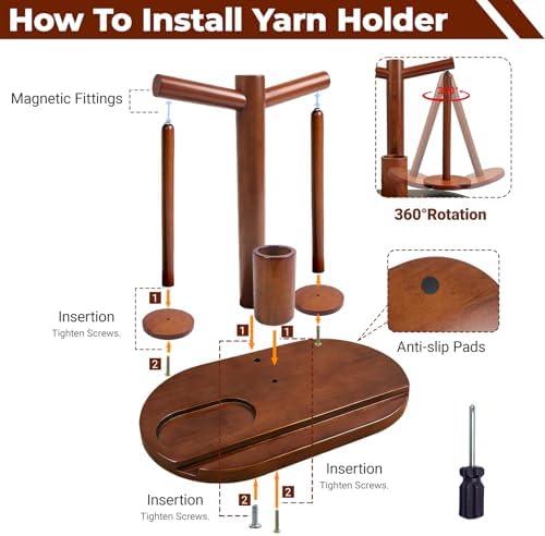 Lemosyu Wooden Yarn Holder for Crocheting and Knitting, Magnetic Rotating Yarn Spinner with 2 Spindles, Crochet Accessories Storage & Phone Stand, Perfect Gift for Knitters, Women, Mom, Grandma — view 7