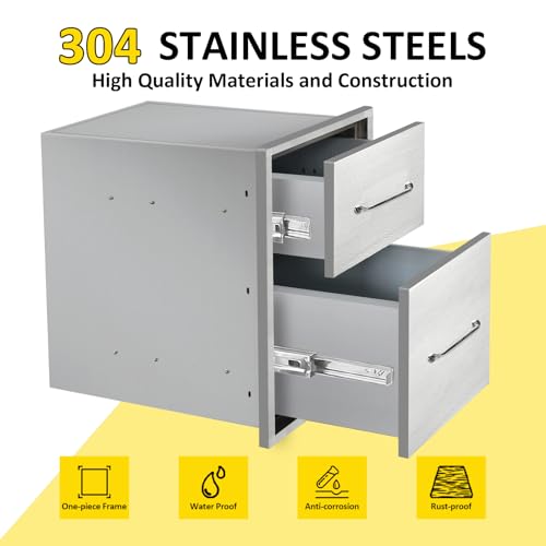 Image of Outdoor Kitchen Drawers 14 inch W x 21 inch H x 21 inch D Flush Mount Double BBQ Drawers with Chrome Handle Stainless Steel Drawer for Outdoor Kitchen Island, Patio Grill Station