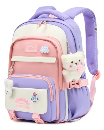 Tanou Mochilas Escolares Niña, 20 Litros Mochila para Niñas con Colgante de 8 a 12 Años, Ligera e Impermeable Mochila Kawaii Escolar de Nailon para Niñas, Morado