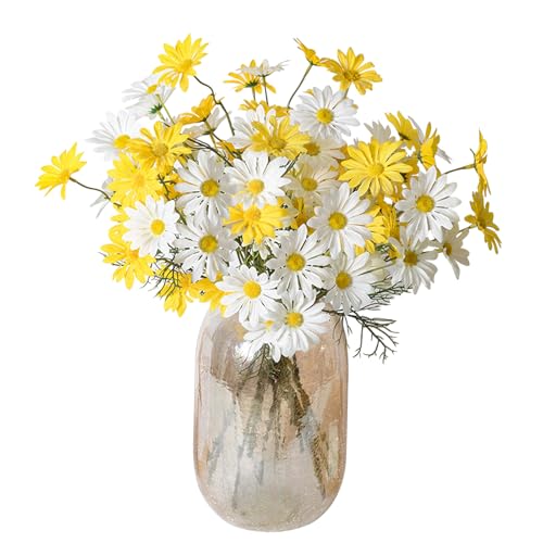 Bacucine Lot de 12 marguerites artificielles en soie avec tiges, aspect réaliste, pour décoration de maison, mariage, jardin, vase (blanc + jaune)