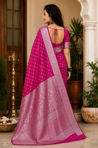 Image of Women's Glory Banarasi Satin Silk Saree with Rich Gold Silver Zari Floral Embroidery | Kanjivaram Style | Traditional Wedding & Festive sadi with Contrast Border