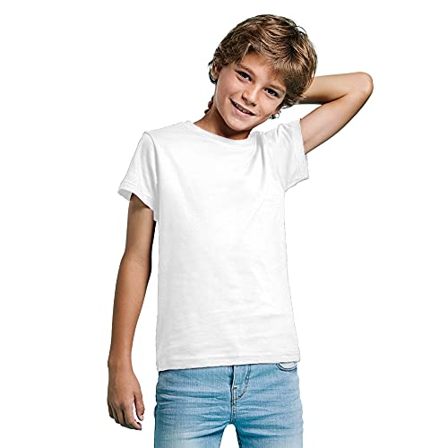 Camiseta de Colores Manga Corta 100% Algodón para niños - Camiseta Unisex Cuello Redondo, cómoda, Suave, Lisa y Elegante (Blanca, 3/4)
