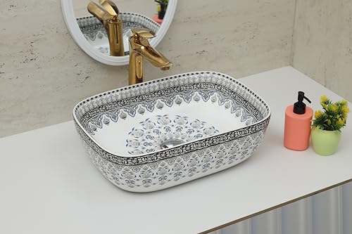 Image of Moroccan Design Ceramic Tabletop Wash Basin | Countertop Vessel Sink | Wash Basin over counter For Bathroom Hotel Home (18x13x5.5 Inch) (TORO 4014) (Moroccan Design 103)