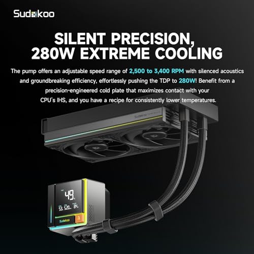 Image of ENERGLO 240 Liquid Cooler: 240mm AIO CPU Cooler with Data Display & PWM Pump - 2 x 120mm Black Water Cooling for Intel LGA 1851 /1700 /1200 /115X & AMD AM5 /AM4