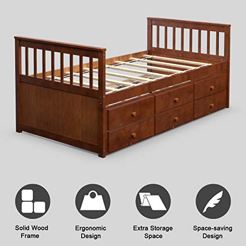 Giantex Twin Captain’s Bed With Trundle Bed, Wood Storage Daybed With 3 Storage Drawers, No Box Spring Needed, Wooden Platform Bed Great For Kids Guests Sleepovers (Walnut) #TOP2