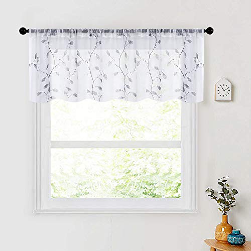 MRTREES Sheer Curtain Valances 16 inches Long Valance Curtain Living Room Grey Leaves