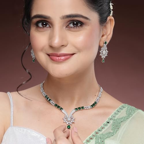 Image of ZENEME Rhodium Plated Brass Silver Toned Floral & Tear Drop Blue Crystal American Diamond Necklace With Earring Jewellery Set For Women