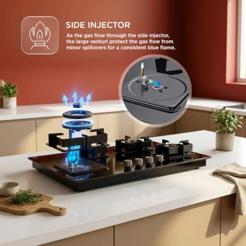 Image of Glen 70 CM 4 Burner Gas Built-in Hob with 2 Triple Ring Forged Brass Burners | Auto Ignition | Toughened Black Glass Top | 2 Years Standard & 5 Years Warranty | BH1074DFHT2TR77