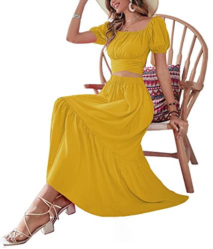 Lyaner Women's 2 Pcs Outfits Wrap Tie Short Sleeve Crop Top Ruffle Maxi Skirt Set Yellow Large #TOP4