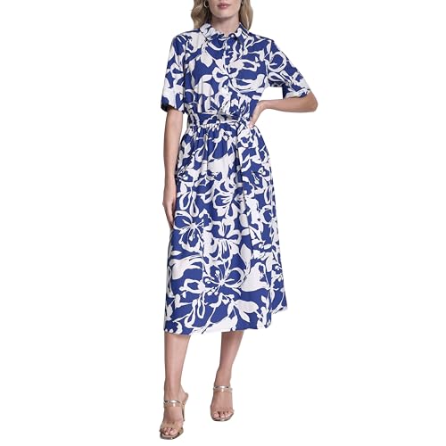 Image of DKNY Women's Short Sleeve Cotton Poplin Collared Midi Shirtdress
