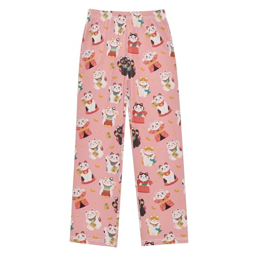 Funny Lucky Cat Boys Long Pants Soft Trousers Elastic Waist Kids Lounge Bottoms with Pockets S-XL