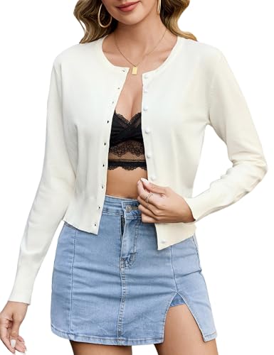 Aottori Bolero Blanco Mujer Fiesta Cardigan Corta Chaqueta Elegante Manga Larga Cuello Redondo Sólido Abrigo de Punto con Botones para Primavera Verano Blanco S