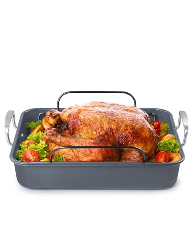 Image of BLACK+DECKER Large Turkey Roasting Pan with Rack, 0.8mm Carbon Steel Baking Pan with Ceramic Non-Stick Coating, Cooking Pan for up to 24 lb. Turkey, U-Shaped Rack Included, Stainless Steel Handles