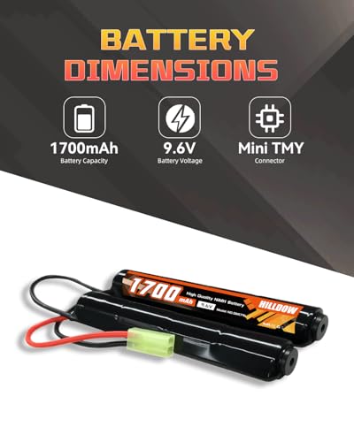 Hilldow 9.6V NiMH Airsoft Battery 1700mAh Rechargeable Battery with Mini TMY Plug RC Battery for Airsoft Guns(2 Pack)