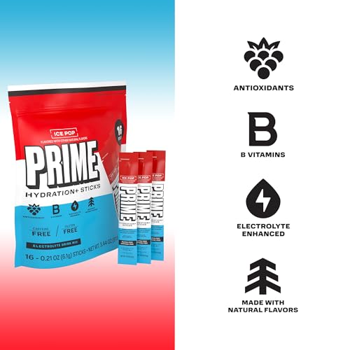 Image of PRIME HYDRATION+ Electrolyte Powder Sticks, Ice Pop, Sugar Free Hydration Drink Mix with Potassium, Magnesium & B Vitamins to Replenish Fluids, Caffeine Free, 16 Count