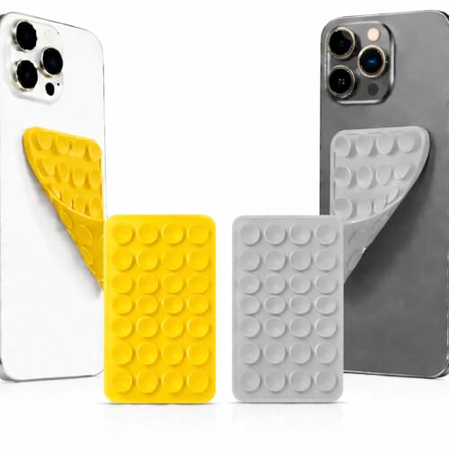 Image of GooseBox Suction Phone Case, Silicone Suction Phone Case for Hands-Free Mobile Accessory Holder Grip, Video Phone Accessory Compatible Mirror, Shower (Grey & Yellow, Pack of 2)