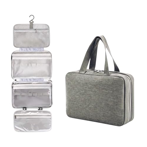 Neceser de Viaje Colgante Impermeable | Organizador de Maquillaje y Aseo con Múltiples Compartimentos y Gancho Resistente | Bolsa de Aseo para Mujer y Hombre (Gris 27×18×8 cm)