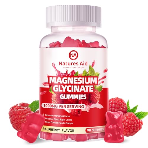 Magnesium Glycinate Gummies 1000mg - Sugar Free Magnesium Potassium Supplement with Vitamin D B6 CoQ10 for Calm Mood & Sleep Support - 90 Raspberry Gummies.