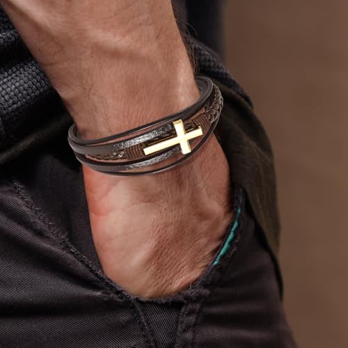 Pulsera trenzada de cuero para hombre con cruz miniatura 4