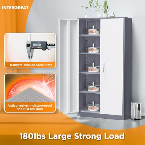 Image of INTERGREAT Metal Storage Cabinet Doors, 72 inch Locking Steel Storage Cabinet with Shelves, Tall Lockable Steel Cabinets for Home Office, Garage(New Grey)