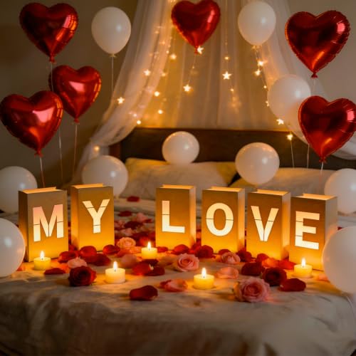 Image of MY LOVE Light Up Letters, with Tea Lights Candles, Rose Petals, Pearlescent Foil Balloons - Luminary Paper Bags, Anniversary Decorations and Valentines' Day Decorations for Your Loved One